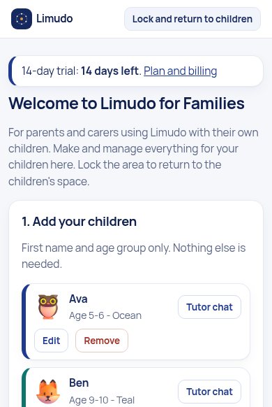Parent dashboard showing children and tutor chat settings
