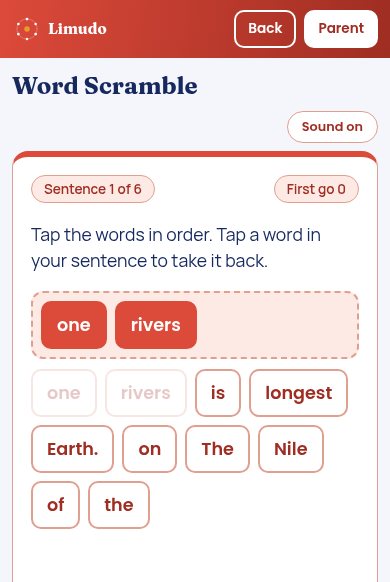 Word Scramble game where words are tapped into order