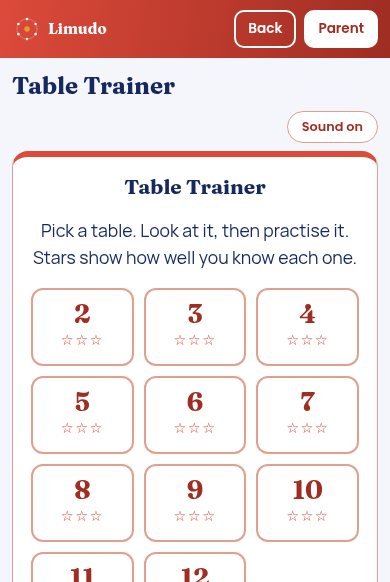 Table Trainer game with times tables to pick