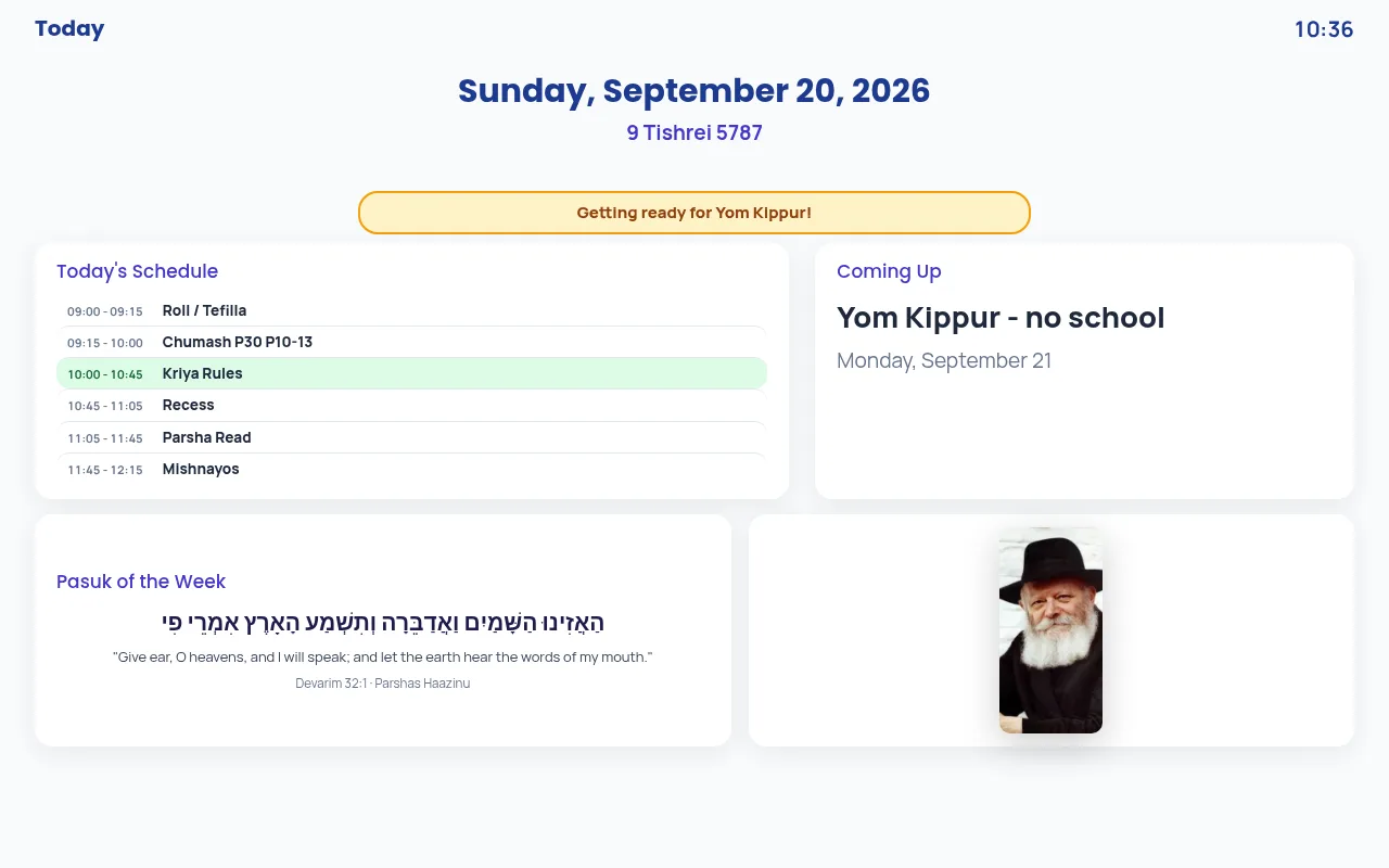 The Limudo Today screen - today's schedule with the current period highlighted, what's coming up, and the pasuk of the week